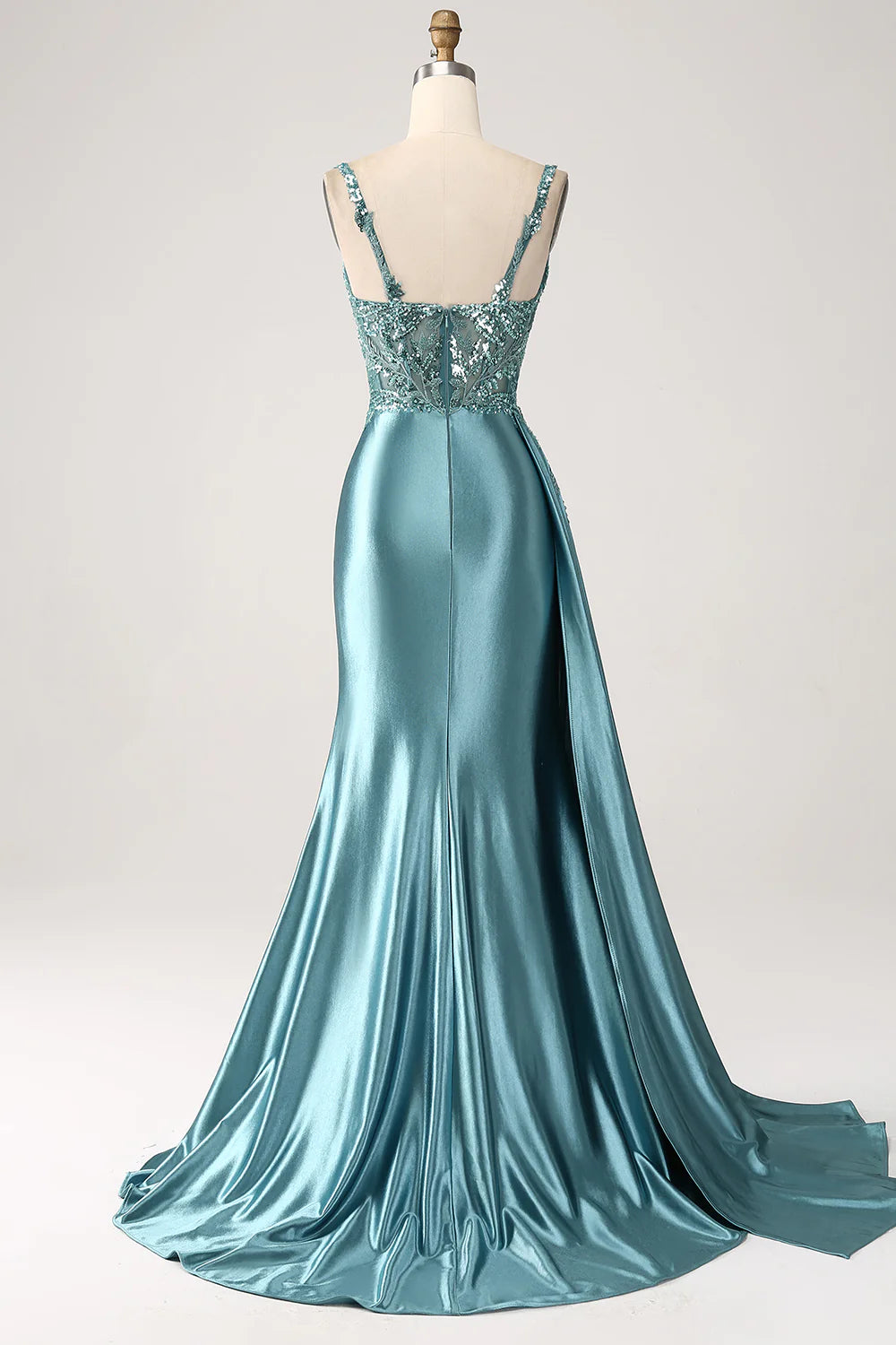 Blue slim fit mermaid V-neck satin long applied sequin split ball dress