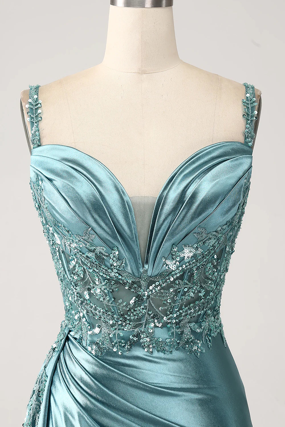 Blue slim fit mermaid V-neck satin long applied sequin split ball dress