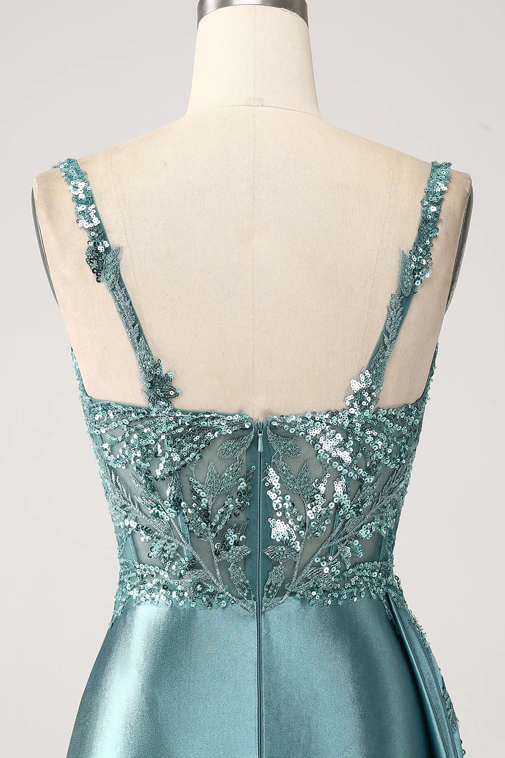 Blue slim fit mermaid V-neck satin long applied sequin split ball dress