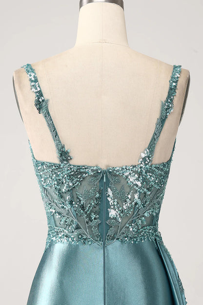 Blue slim fit mermaid V-neck satin long applied sequin split ball dress