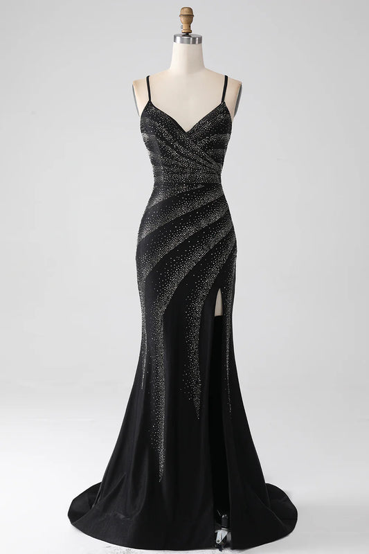 Slim fit mermaid beaded black split ball dress