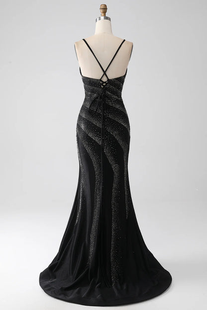 Slim fit mermaid beaded black split ball dress