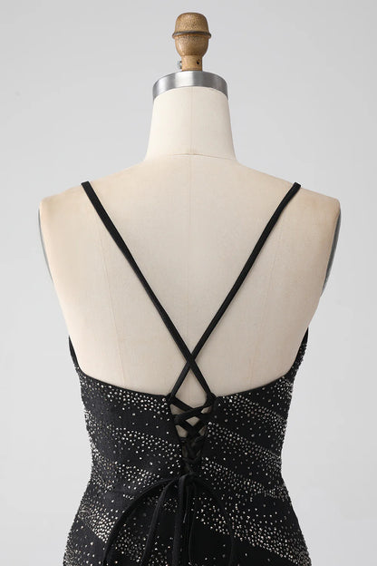 Slim fit mermaid beaded black split ball dress