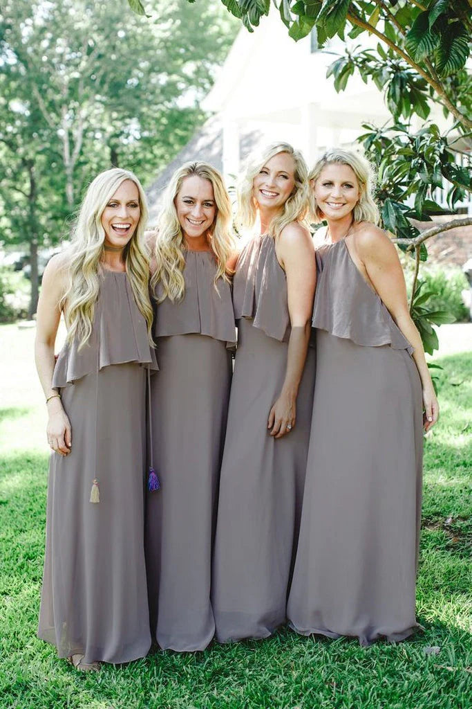 Simple and unadorned chiffon and ruffled edge long wedding bridesmaid dress