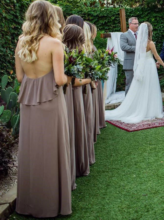 Simple and unadorned chiffon and ruffled edge long wedding bridesmaid dress