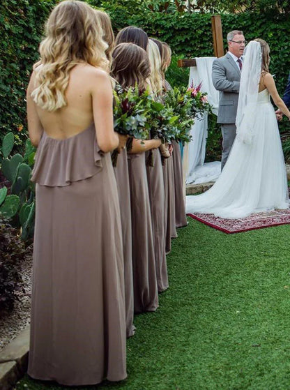 Simple and unadorned chiffon and ruffled edge long wedding bridesmaid dress