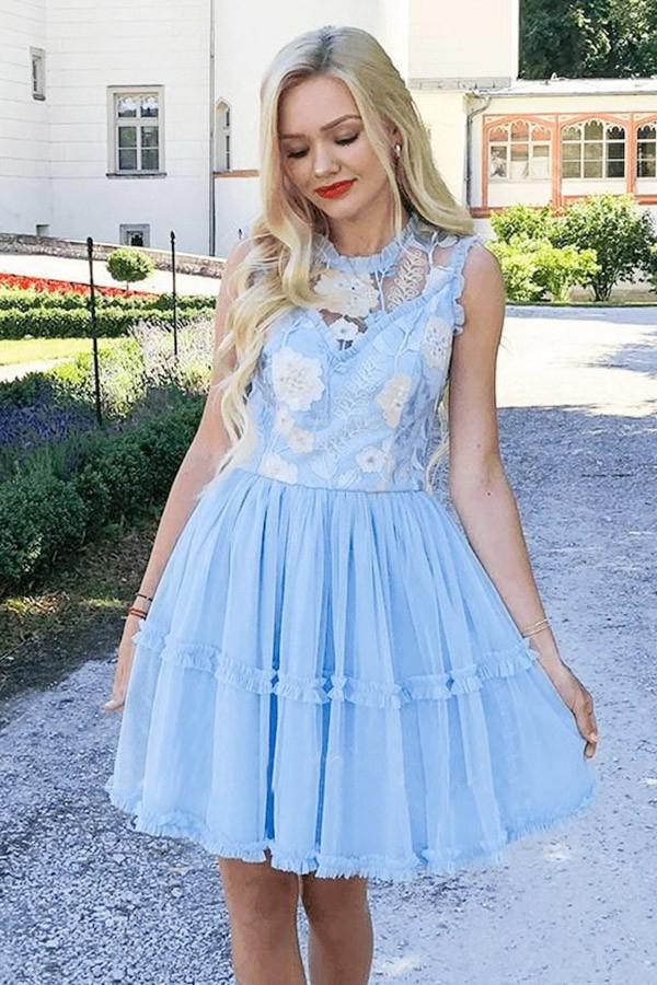 Sapphire blue chiffon homecoming skirt with lace strap inlaid cocktail dress