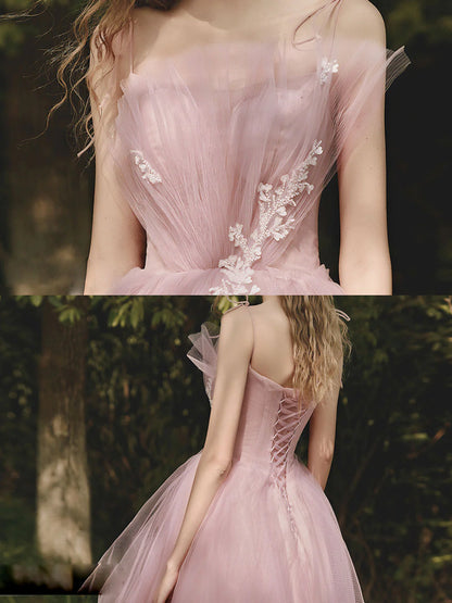 A line Tulle Pink Long Prom Dresses Formal Pink Prom Dress With