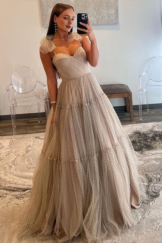 A-Line Tie Straps Zipper Back Long Tulle Prom Dress