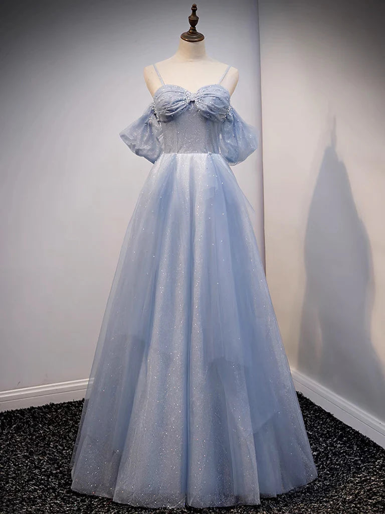 A-Line Off Shoulder Tulle Gray Blue Long Prom Dress Gray Blue Long Formal Dress