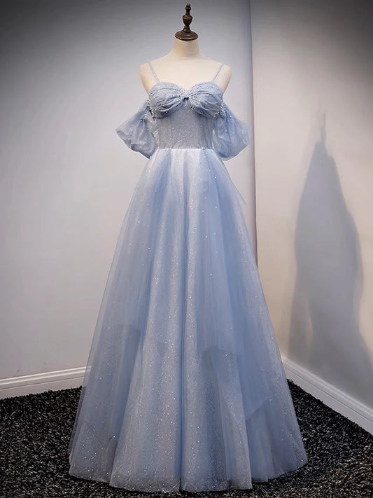 A-Line Off Shoulder Tulle Gray Blue Long Prom Dress Gray Blue Long Formal Dress
