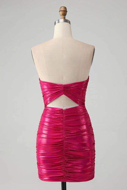 Strapless Keyhole Pleated Fuchsia Tight Metallic Homecoming Dress
