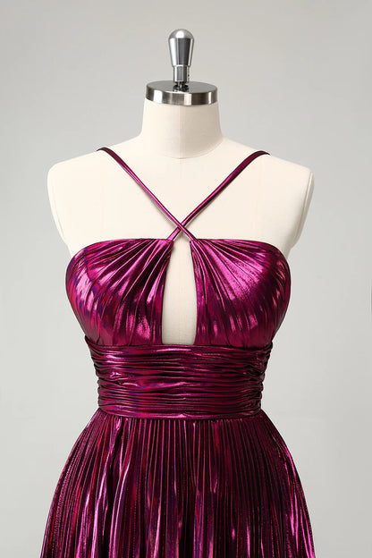 A Line Pleated Hollow Out Short Metallic Homecoming Dress