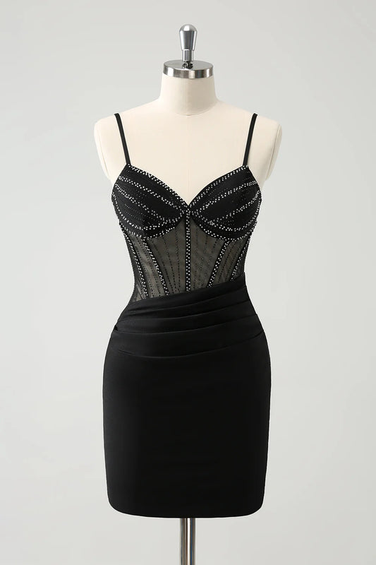 Black Tight Short Spaghetti Straps Corset Homecoming Dresses