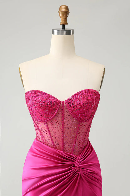 Hot Pink Strapless Pleated Corset Tight Homecoming Dress