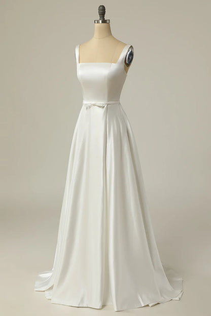 A Line Square Neck White Long Wedding Dress