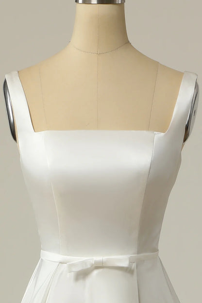 A Line Square Neck White Long Wedding Dress