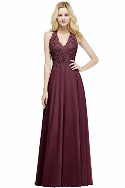 Noble lace chiffon formal dress with beaded stickers A-neck evening dress