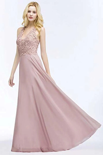 Noble lace chiffon formal dress with beaded stickers A-neck evening dress