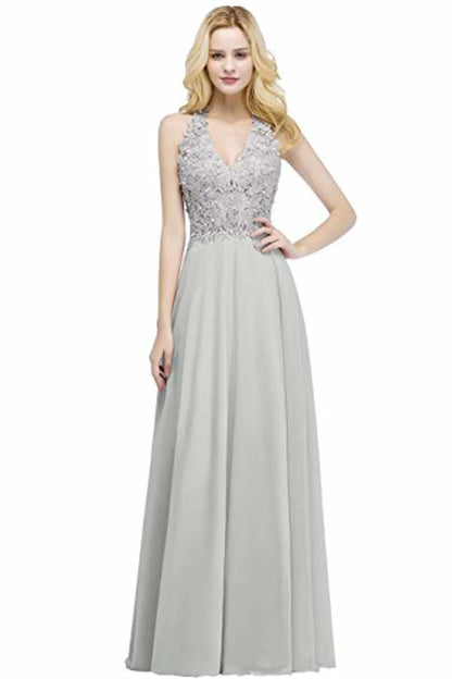 Noble lace chiffon formal dress with beaded stickers A-neck evening dress