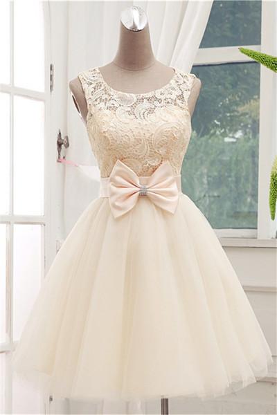 Lace Short Champagne Ball Dress Sleeveless Butterfly Knot Open Back Homecoming DressLace Short Champagne Ball Dress Sleeveless Butterfly Knot Open Back Homecoming Dress