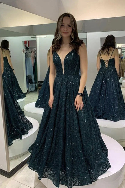 Shiny A-line elegant sheer lace sequin long dress