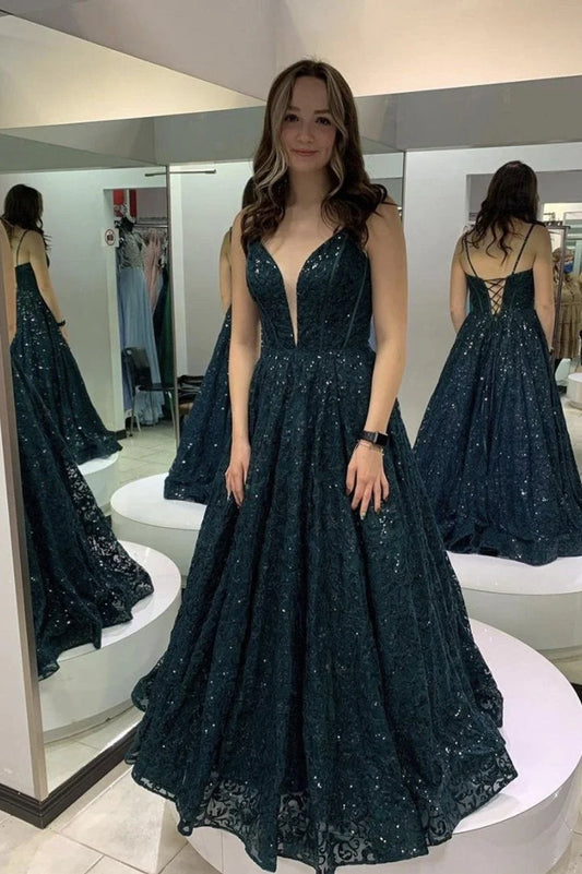 Shiny A-line elegant sheer lace sequin long dress