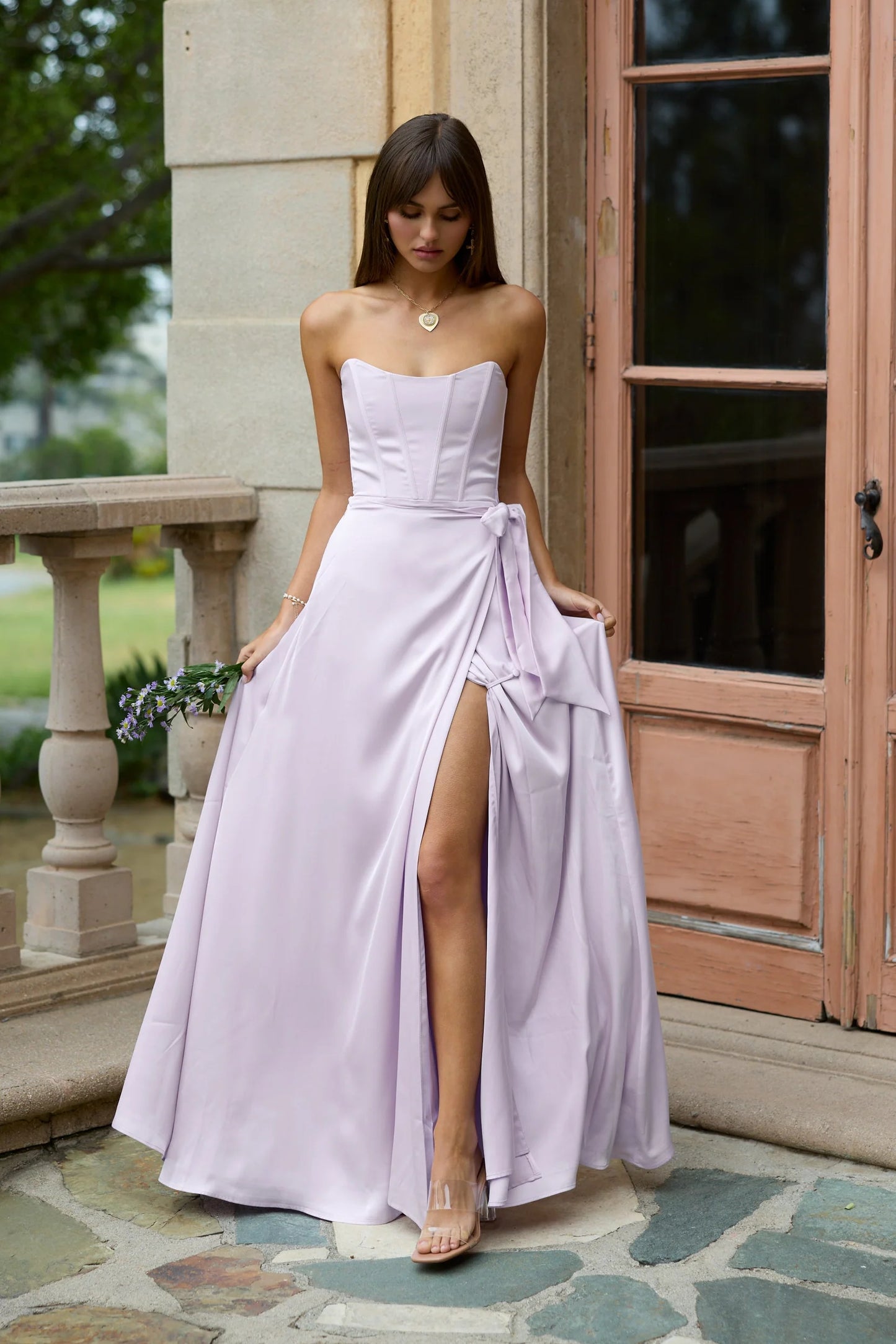 Lavender Satin Maxi Prom Dresses with Strapless Corset Bodice Lace-Up Back Wrap Skirt for Prom and Bridesmaid