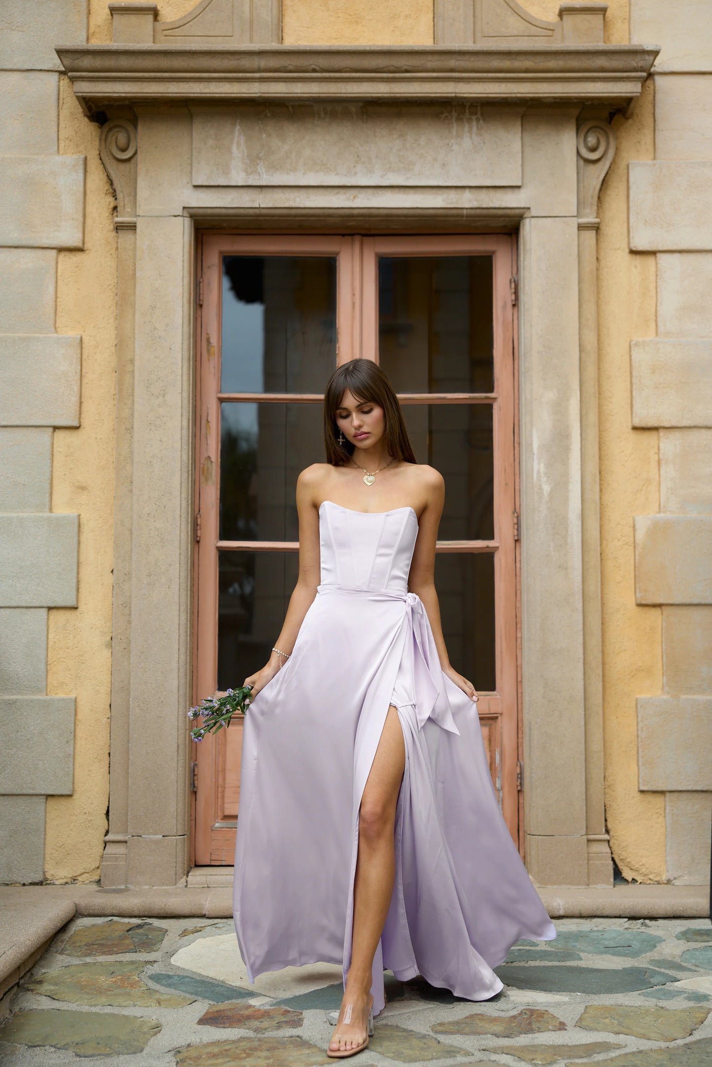 Lavender Satin Maxi Prom Dresses with Strapless Corset Bodice Lace-Up Back Wrap Skirt for Prom and Bridesmaid