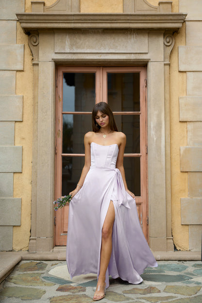 Lavender Satin Maxi Prom Dresses with Strapless Corset Bodice Lace-Up Back Wrap Skirt for Prom and Bridesmaid