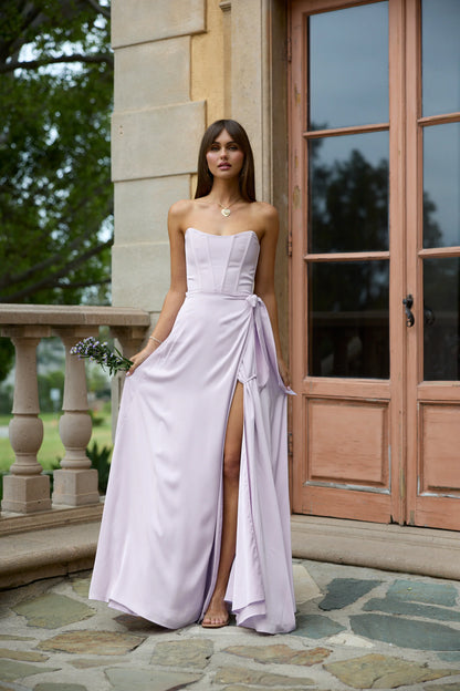 Lavender Satin Maxi Prom Dresses with Strapless Corset Bodice Lace-Up Back Wrap Skirt for Prom and Bridesmaid
