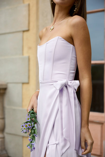 Lavender Satin Maxi Prom Dresses with Strapless Corset Bodice Lace-Up Back Wrap Skirt for Prom and Bridesmaid