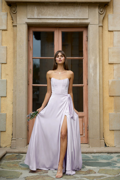Lavender Satin Maxi Prom Dresses with Strapless Corset Bodice Lace-Up Back Wrap Skirt for Prom and Bridesmaid