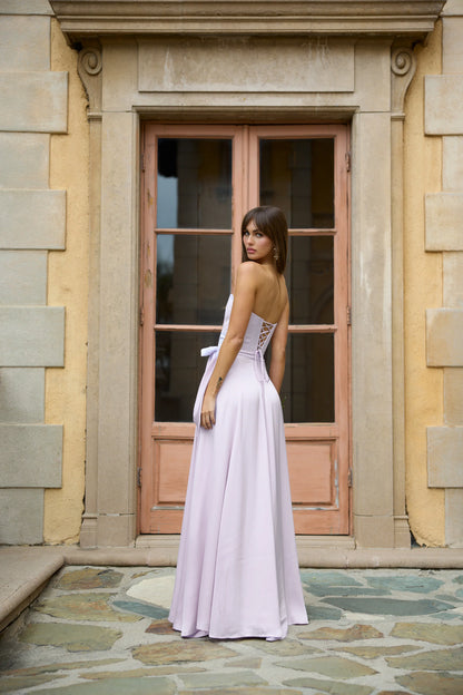 Lavender Satin Maxi Prom Dresses with Strapless Corset Bodice Lace-Up Back Wrap Skirt for Prom and Bridesmaid