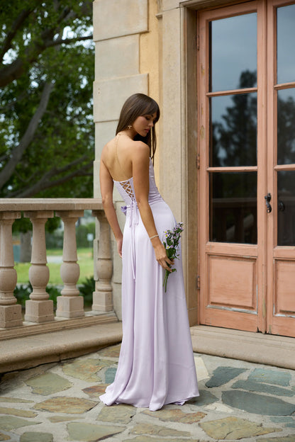 Lavender Satin Maxi Prom Dresses with Strapless Corset Bodice Lace-Up Back Wrap Skirt for Prom and Bridesmaid