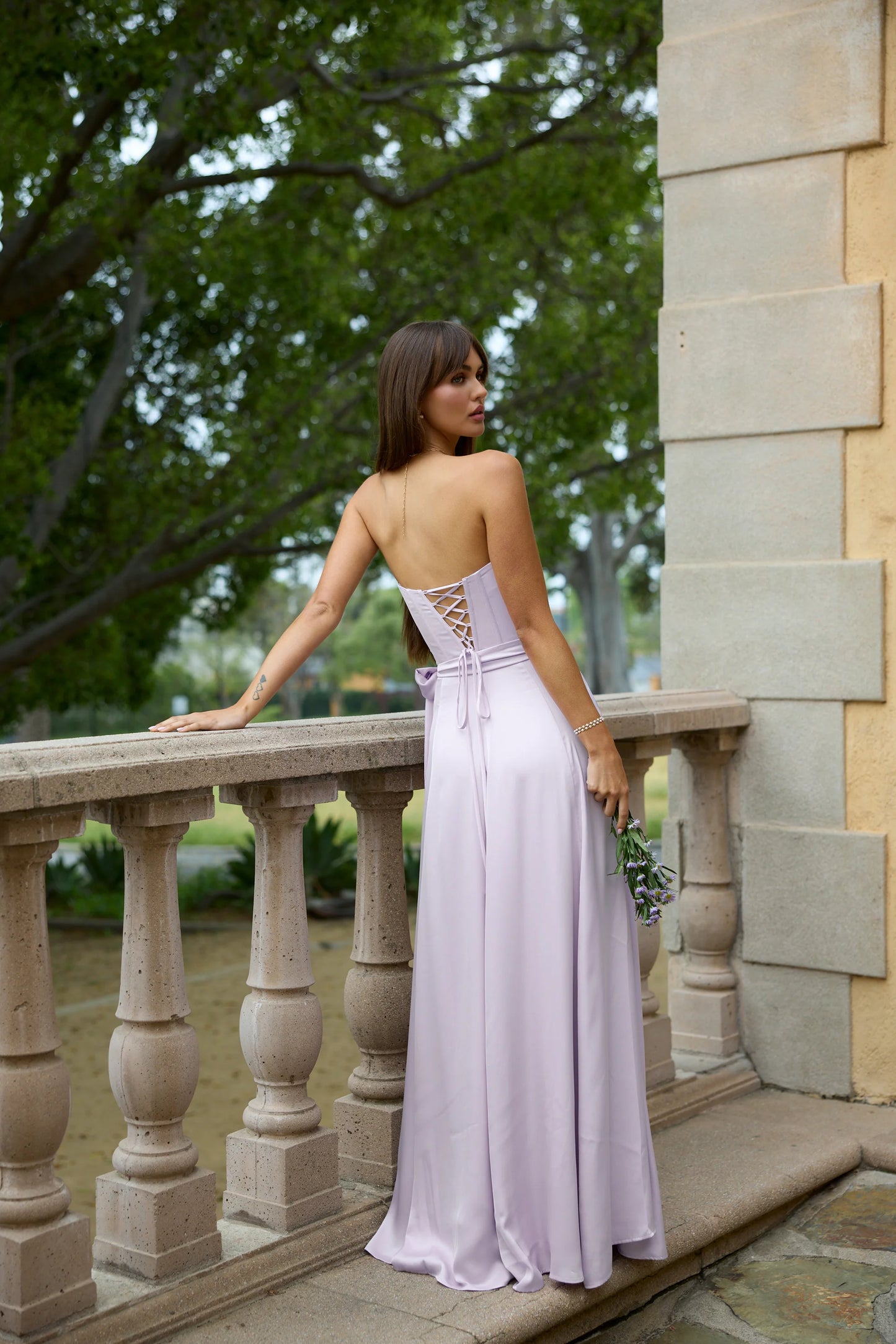 Lavender Satin Maxi Prom Dresses with Strapless Corset Bodice Lace-Up Back Wrap Skirt for Prom and Bridesmaid