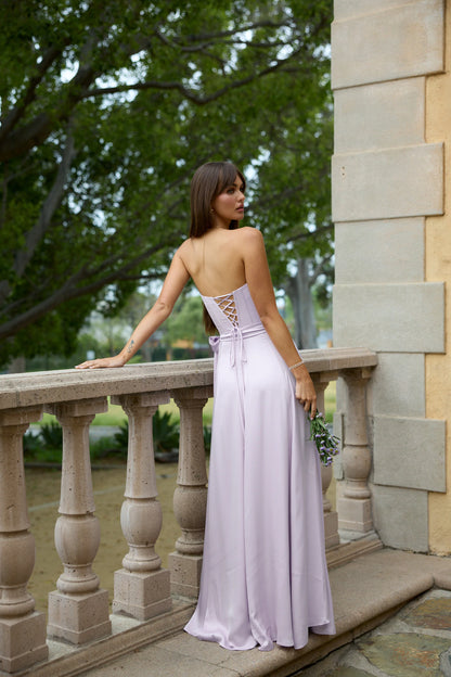Lavender Satin Maxi Prom Dresses with Strapless Corset Bodice Lace-Up Back Wrap Skirt for Prom and Bridesmaid