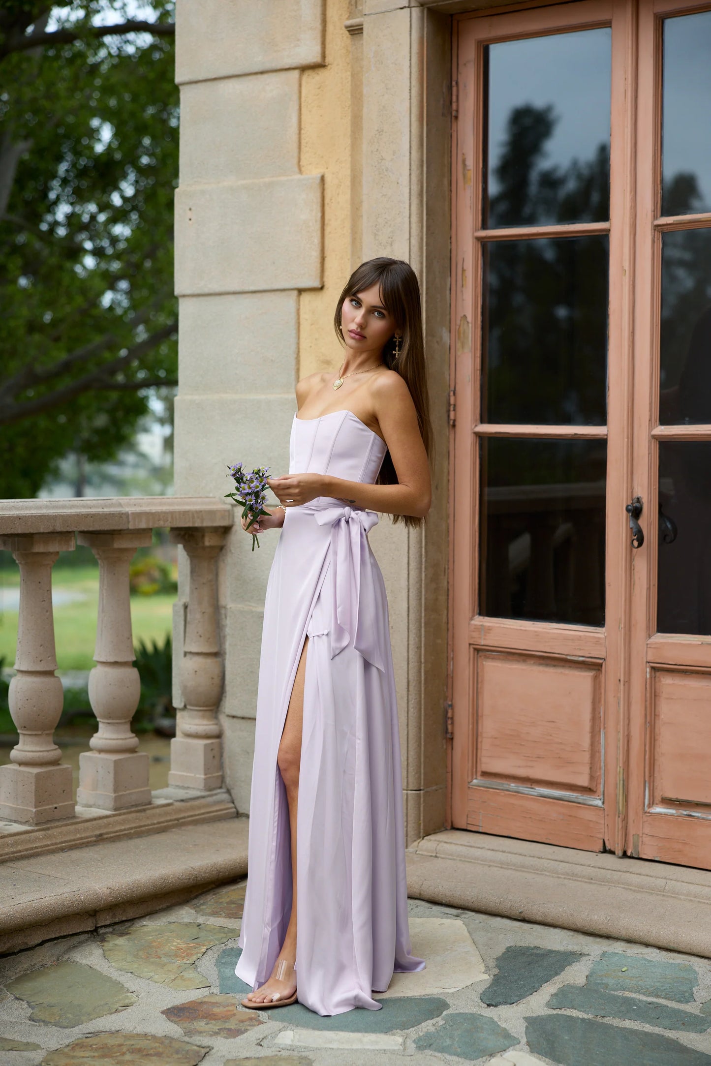 Lavender Satin Maxi Prom Dresses with Strapless Corset Bodice Lace-Up Back Wrap Skirt for Prom and Bridesmaid