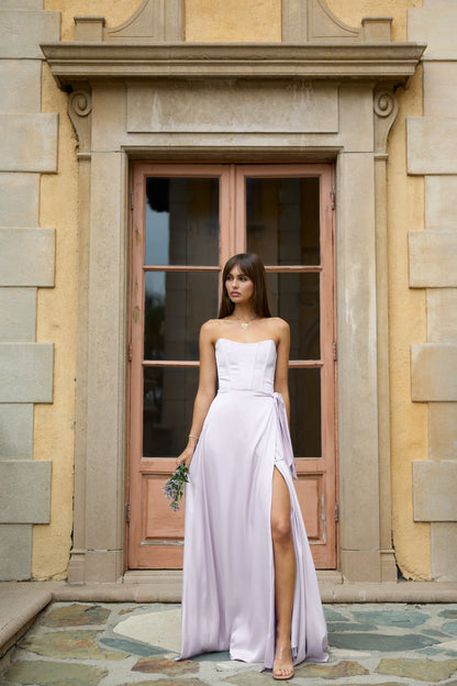 Lavender Satin Maxi Prom Dresses with Strapless Corset Bodice Lace-Up Back Wrap Skirt for Prom and Bridesmaid