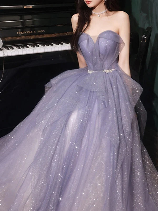 Lavender Sparkle Tulle Ball Gown Prom Dress with Sweetheart Neckline, Detachable Tulle Straps, Crystal Waistband & Lace-Up Back
