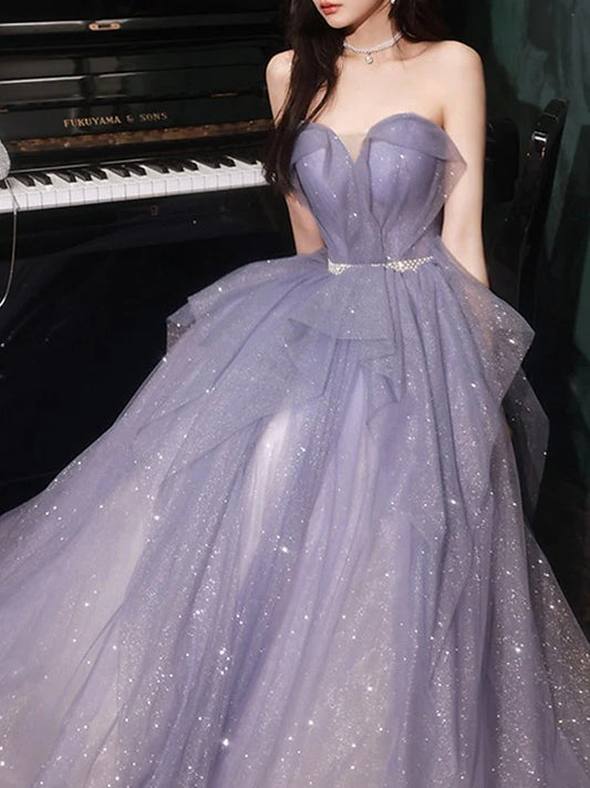 Lavender Sparkle Tulle Ball Gown Prom Dress with Sweetheart Neckline, Detachable Tulle Straps, Crystal Waistband & Lace-Up Back