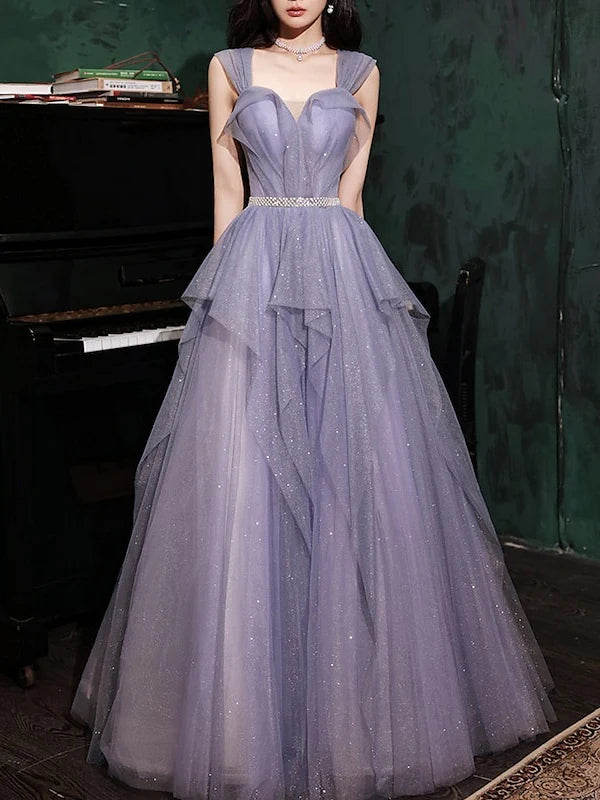 Lavender Sparkle Tulle Ball Gown Prom Dress with Sweetheart Neckline, Detachable Tulle Straps, Crystal Waistband & Lace-Up Back