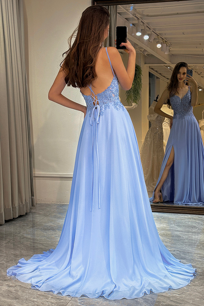 A-Line Double Straps Lace Top Long Prom Party Dress