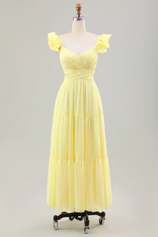 A Line Pleated Chiffon Wedding Party Guest Dress with Ruffles