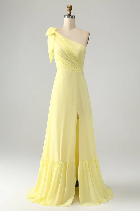 A Line One Shoulder Pleated Long Maxi Dress with Slit