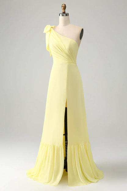 A Line One Shoulder Pleated Long Maxi Dress with Slit