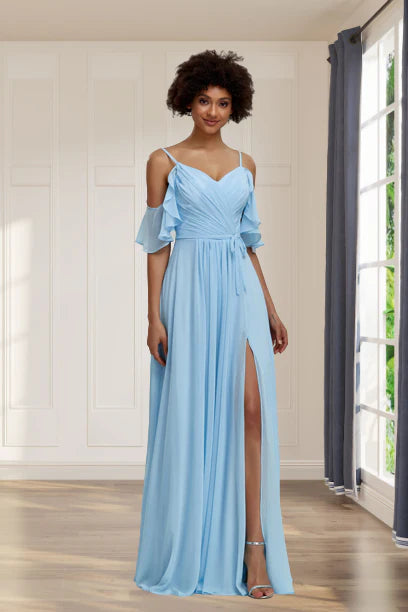 High end off shoulder chiffon slit ruffled bridesmaid dress in high-end color