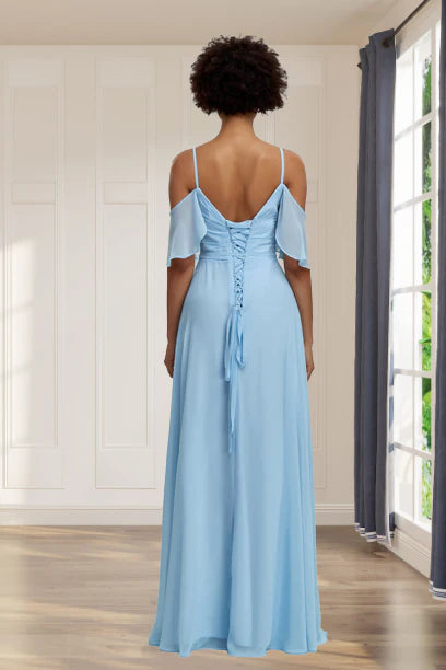 High end off shoulder chiffon slit ruffled bridesmaid dress in high-end color