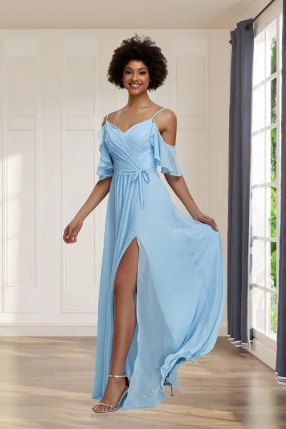 High end off shoulder chiffon slit ruffled bridesmaid dress in high-end color