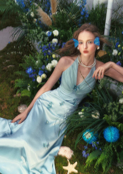Light Blue Satin Halter Dresses with Sheer Tulle Halter Neck 3D Floral Accents Lace Up Back and Flared Skirt